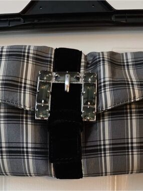 J Crew Women’s Plaid Black & Gray Silk Velvet Accent Clutch Bag. NWT